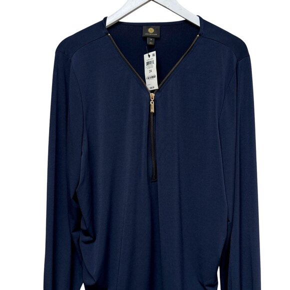 JM Collection Womens Top Plus Size 3X  Blue Ruched Stretch Tunic Zipper Neck NWT - Picture 5 of 9